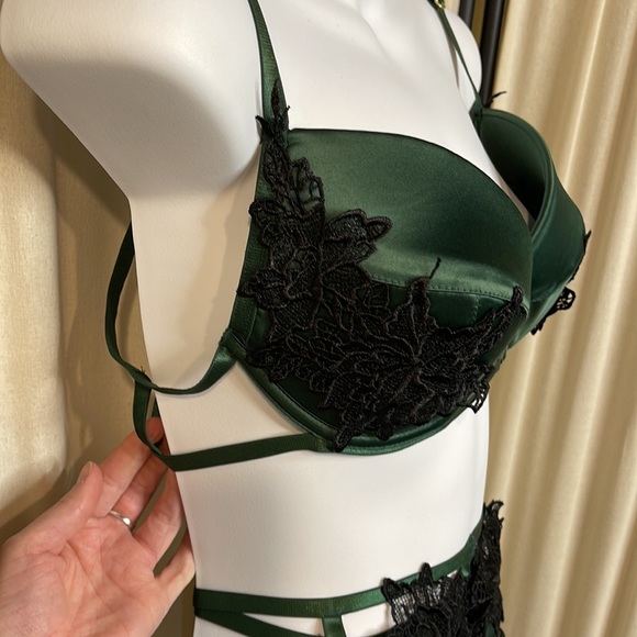 NWT- 3 PC SILKY GREEN LACE LINGERIE SET BRA, HIGH WAISTED G THONG & GARTER L/XL - Picture 4 of 13